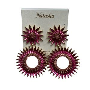 Natasha Couture Metallic Magenta Floral Drop and Stud Earring Set